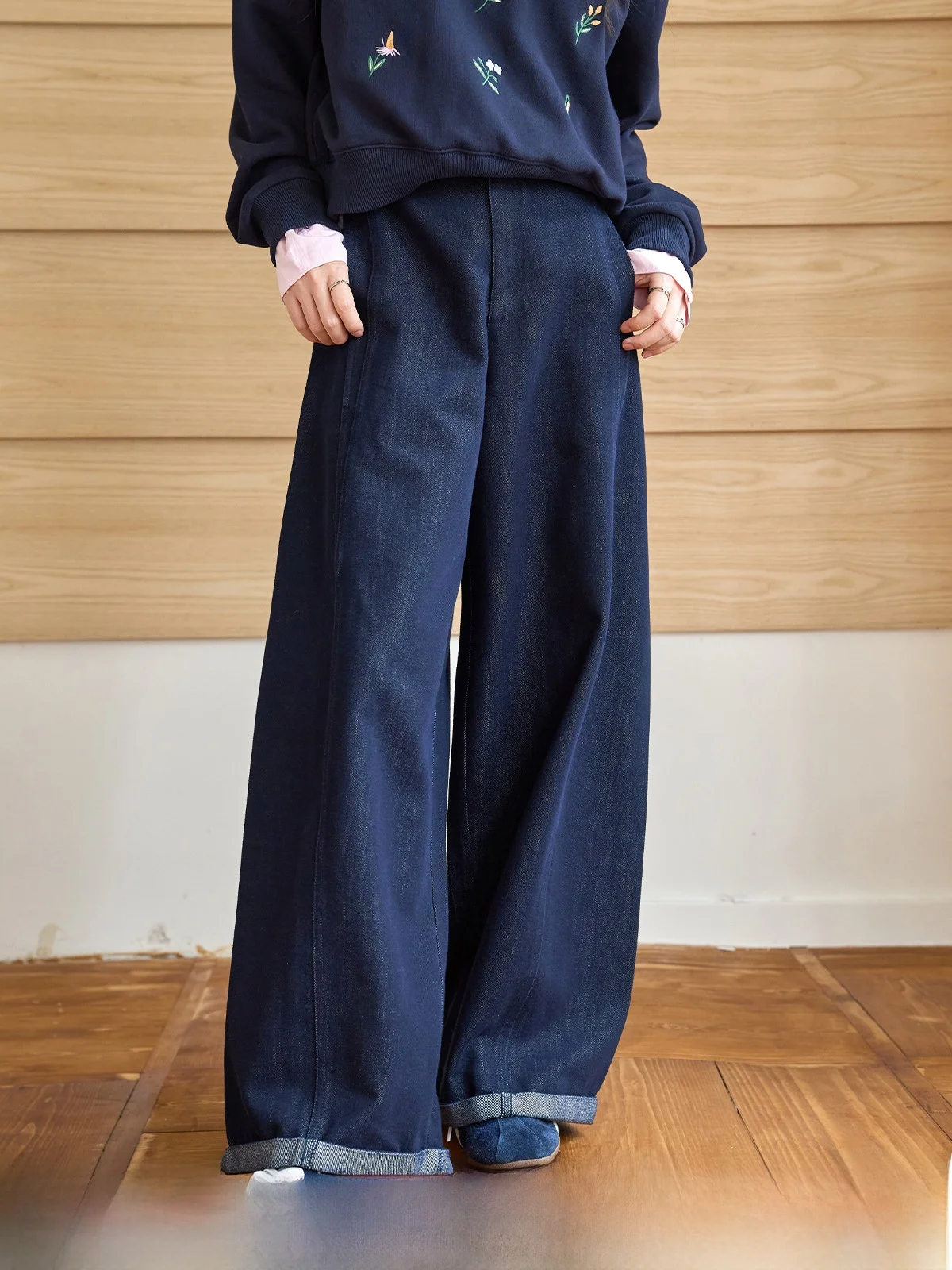 

Свободные синие джинсы прямого кроя с высокой талией и широкими штанинами, женские осенне-зимние новые брюки Lazy Faion