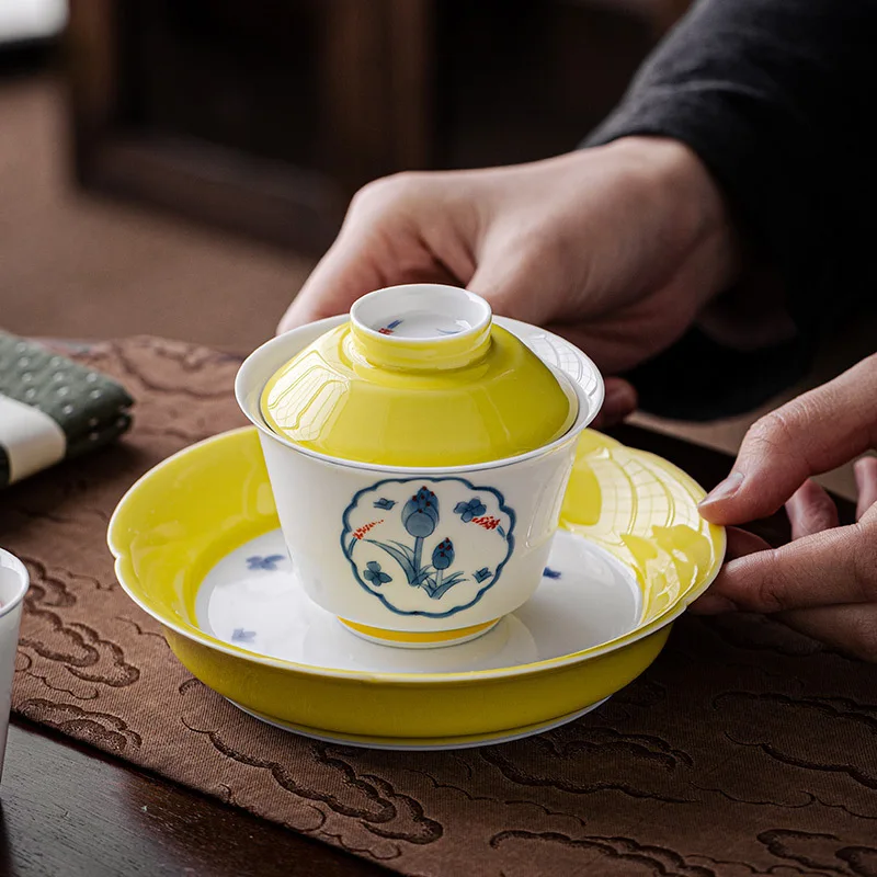 Hand-painted Paper-cut Ceramic Cover Bowl Single Home Guest Tea Set Hand-painted Cover Bowl High-grade Tea Cup Tea Bowl