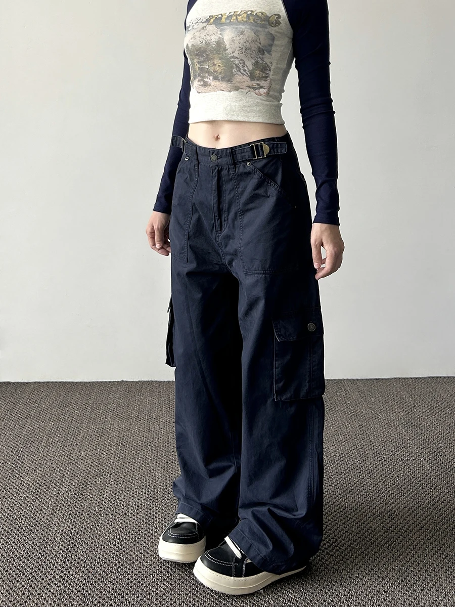 

Retro American Street Washed Dark Blue Multi-Pocket Work Pants Loose Straight Leg Wide Leg Casual Long Trousers for Men And W...