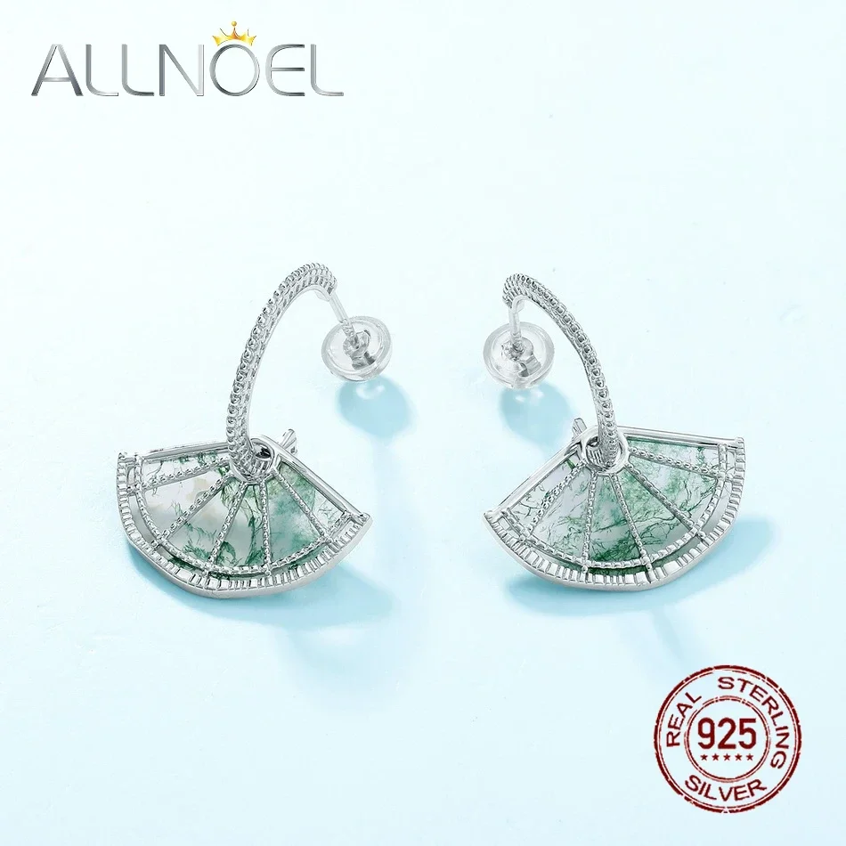 

ALLNOEL 925 Sterling Silver Fan Shape Dangle Earrings for Women Natural Malachite Moss Agate Detachable Jewelry Gifts