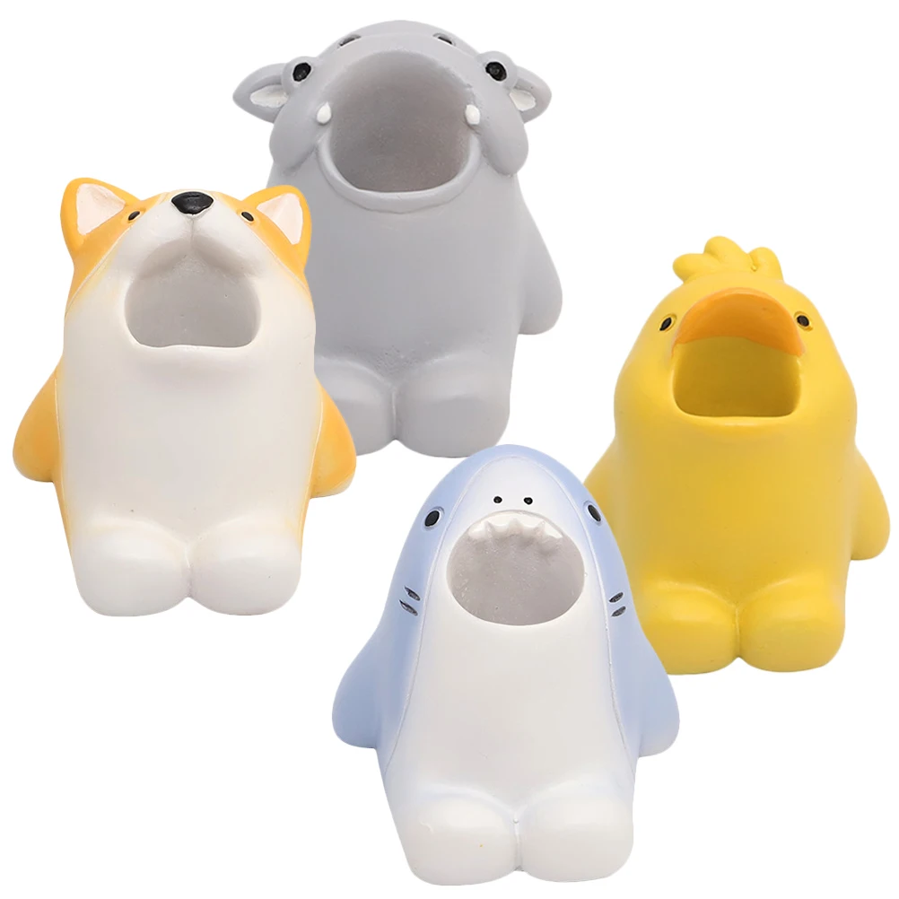 

4Pcs Resin Cartoon Animal Tooth Brush Holder Single Pen Stand for Desk Cute Desktop Organizer Makeup Tool Storage