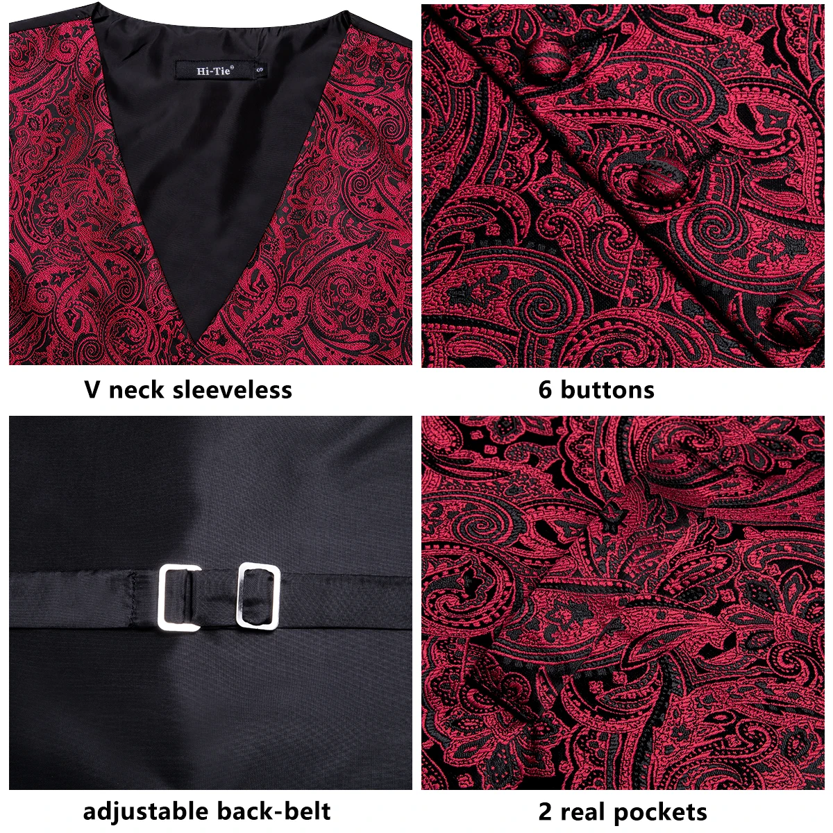 Hi-Tie 4PC Silk Men\'s Vest With Tie Hanky Cufflink Business Formal Dress Slim Sleeveless Jacket Burgundy Paisley Suit Waistcoat