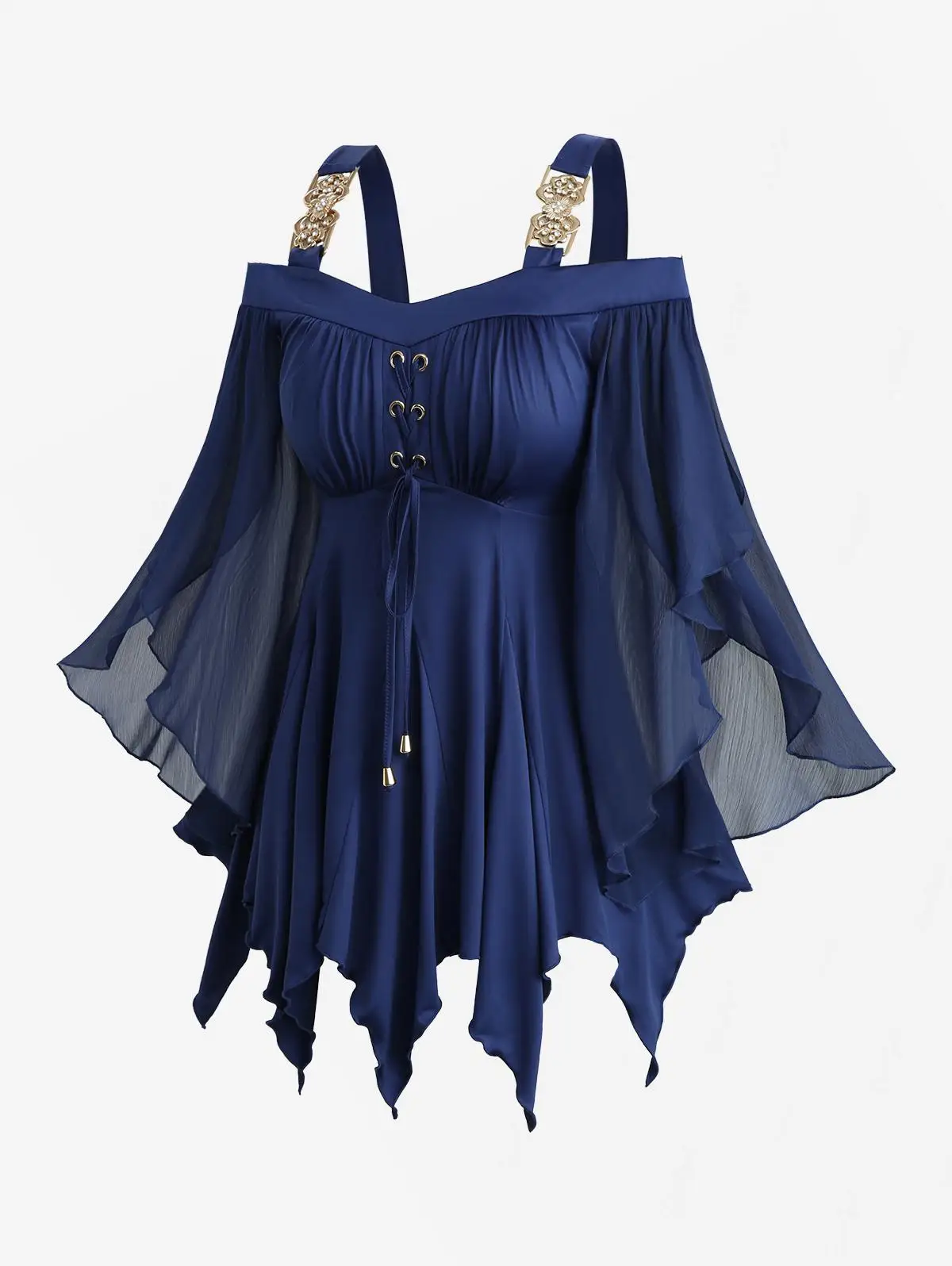 

2025 Autumn Blouse Women Cold Shoulder T-Shirts Deep Blue Grommets Lace Up Ruched Panel Asymmetrical Butterfly Sleeves Tops