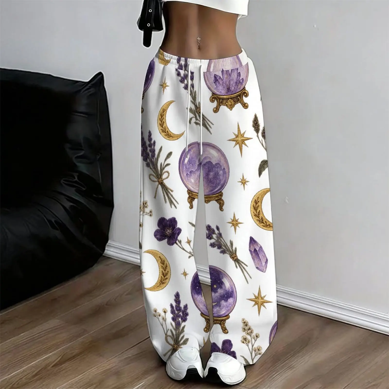 Women Off White Purple Moth Golden Moon Star Botanical Printed Loose Straight Leg Drawstring Full Length Pants