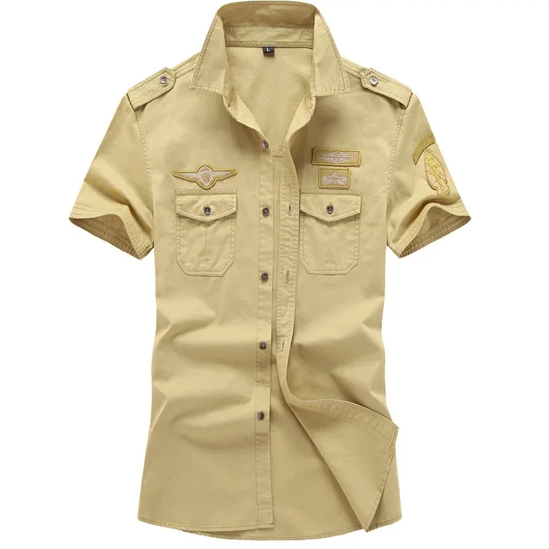 Men Tooling Military Stytle Multi Pockets Shirts New Summer Short Sleeve Shirts High Quality Men Cotton Casual Shirts Size 4XL