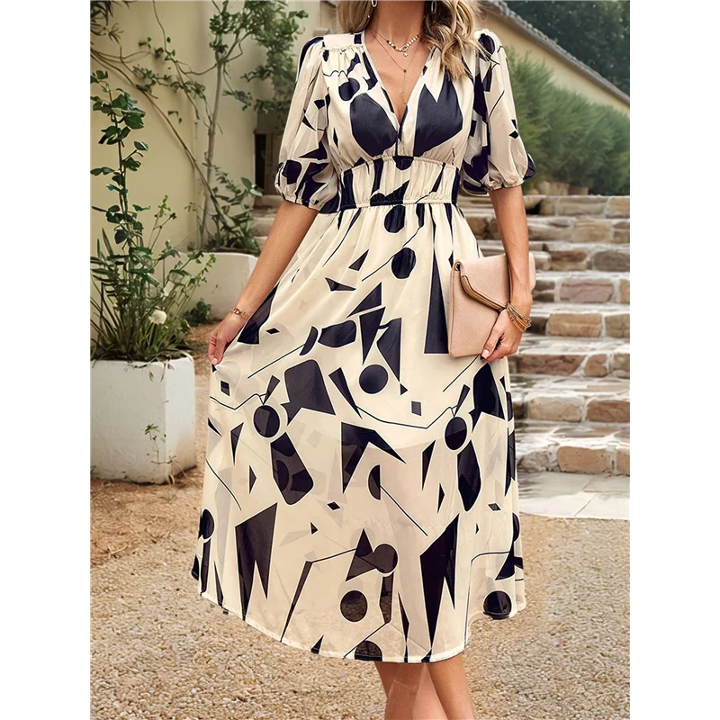 【Party-Decoration】Womens Summer Dresses 2025 Casual Puff Short Sleeve V Neck Floral Boho Maxi Dress