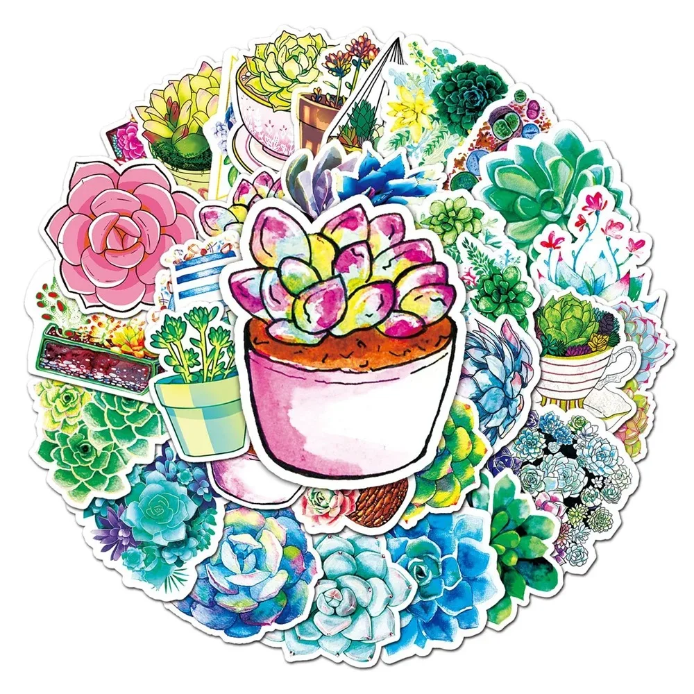 50PCS Watercolor Cartoon Succulent Stickers for Luggage Laptop Ipad Cup Journal  Notebook Decorative Stickers