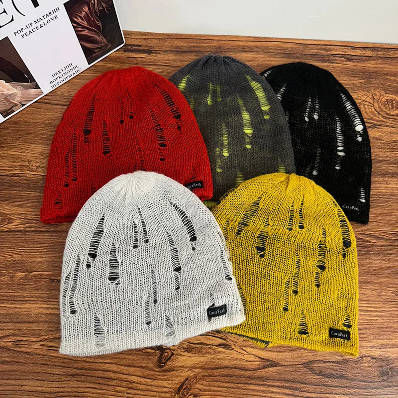 Korean Tear Design Pullover Hat for Men and Women Hollowed Out Double-sided Knitted Hat for Autumn and Winter Warm Beanie Cap