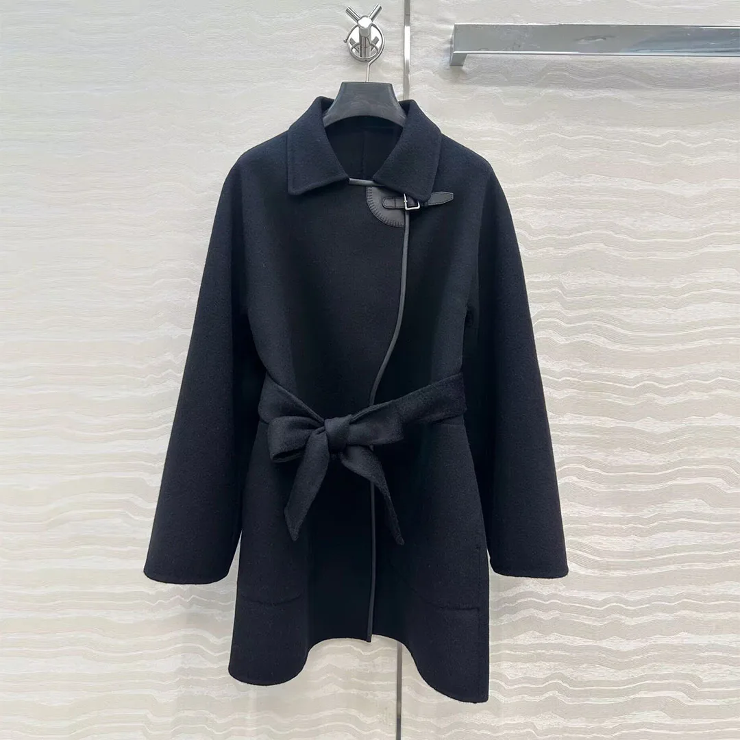 2025 New Winter Wool Cashmere Double-sided Woolen Coat Women Sheepskin Leather Buckle Lapel Long Sleeve Slim Belt Long Jacket
