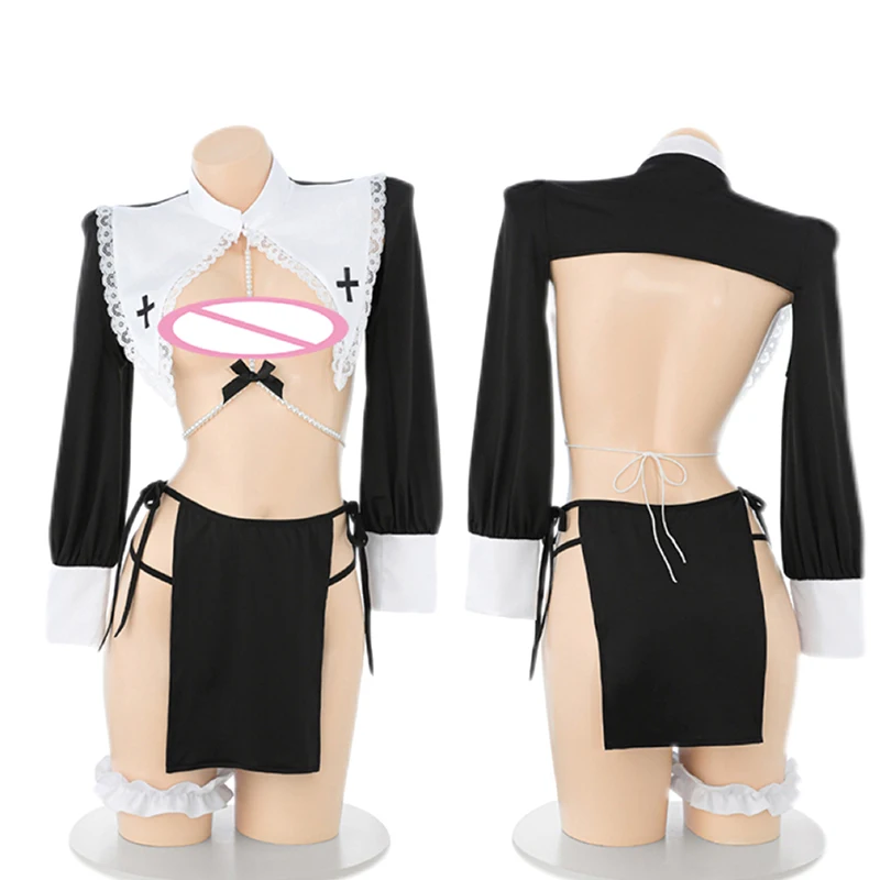 New Anime Game Girl Convent Nun Uniform Women Maid Top Skirt Hollow Out Backless Outfits Cosplay Halloween Party Costumes
