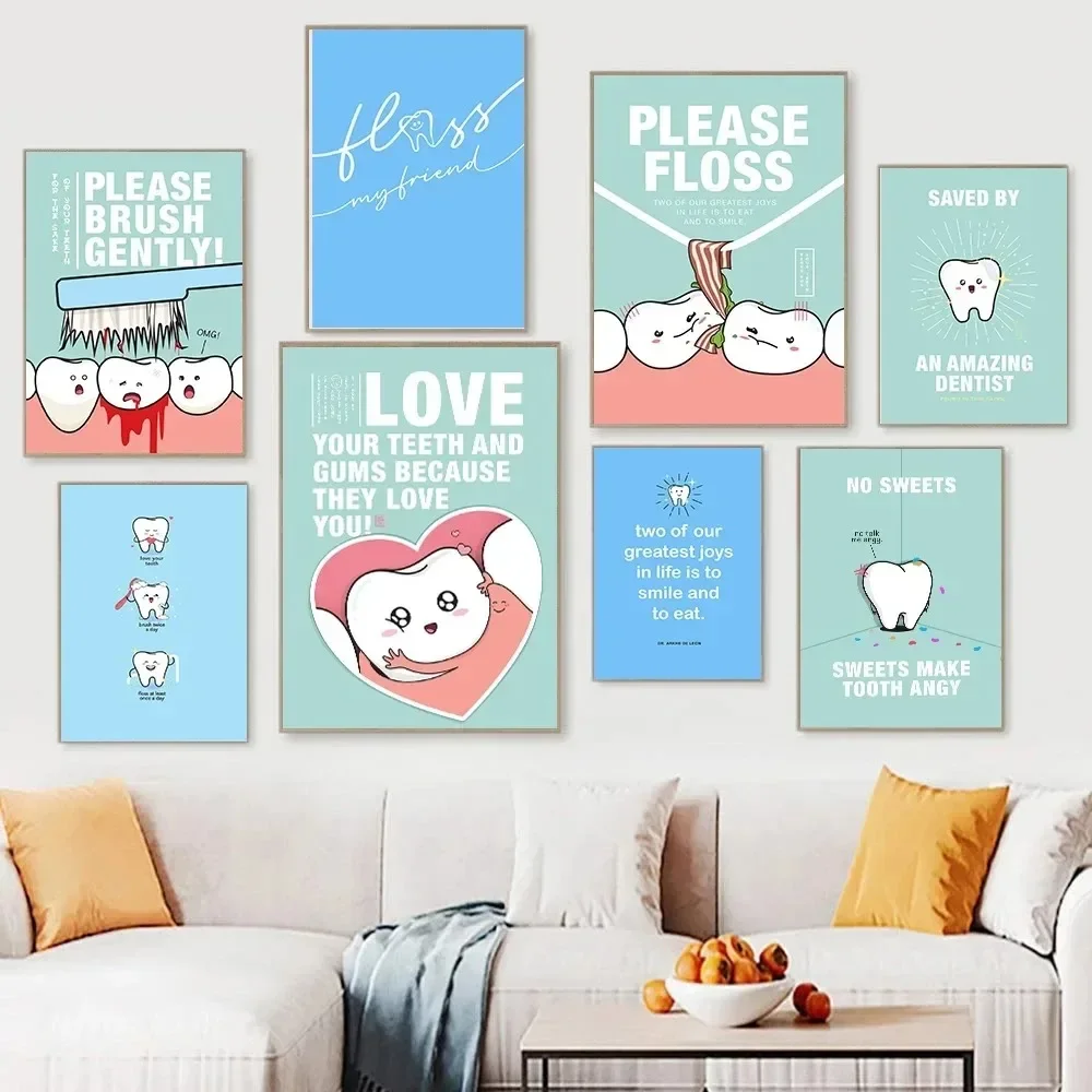 Cartoon Teeth Treatment Wall Art  Dentist Quote Canvas Painting Posters  Prints for Dental Clinic Kids Wash Room Home Decor