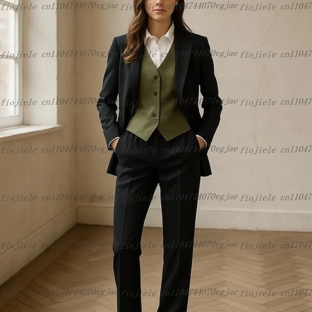 

Черный и армейский зеленый деловой женский костюм для свадебной вечеринки, выпускного вечера, женские смокинги для мамы и девочки, комплект из трех предметов, блейзер, жилет, брюки