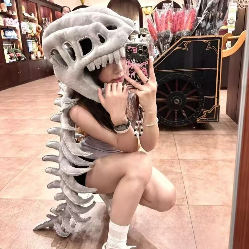 Powerful dinosaur skeleton headset doll costume couple style plush toy figurines for Halloween