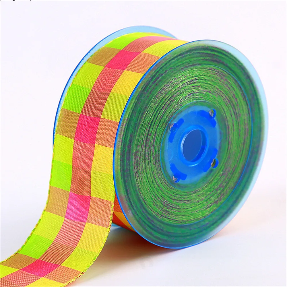 

38mm 25Yards Yellow Pink Check Plaid Ribbon Wired Edge for Birthday Christmas Gift Box Wrapping Decoration DIY1-1/2"N1166