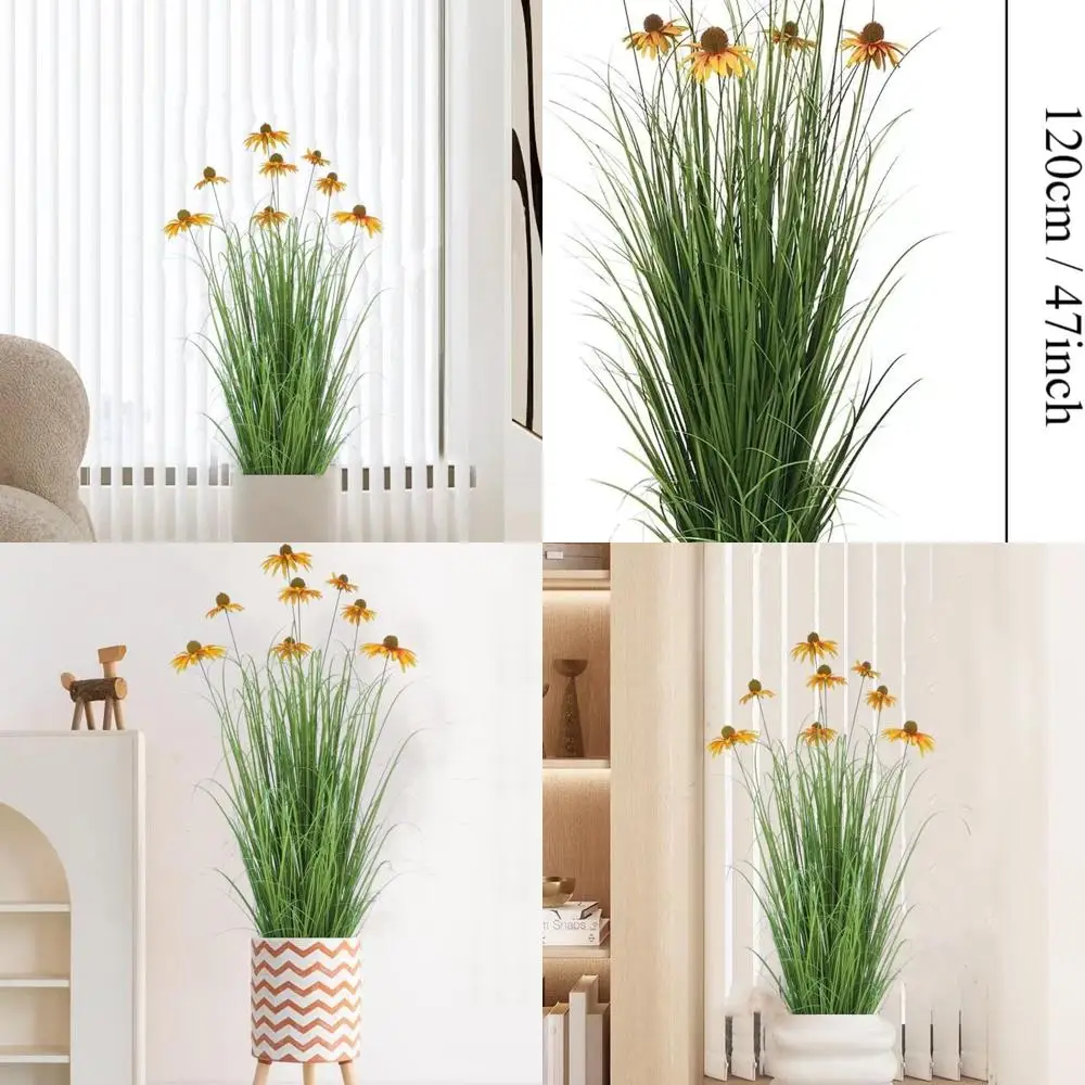 

46-дюймовая искусственная трава с защитой от ультрафиолета и 9 реалистичными желтыми цветами эхинацеи — прочные искусственные растения для внутреннего и наружного использования для патио,