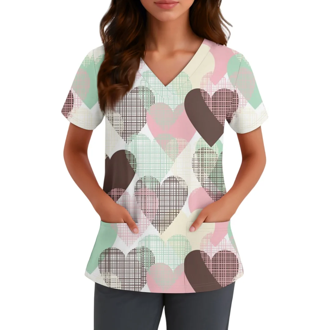 Top Argyle con cuello en V y corazón para mujer, Tops exfoliantes degradados para mujer, uniforme para enfermería, Top informal de manga corta con estampado de cuello en V para enfermera 2026