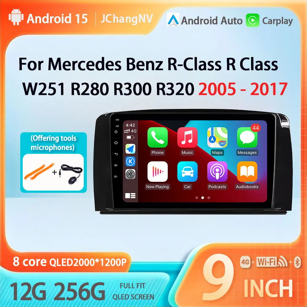 Android 15 QLED Car Radio Carplay Multimedia GPS Player BT For Mercedes Benz R-Class R Class  W251 R280 R300 R320 2005 - 2017