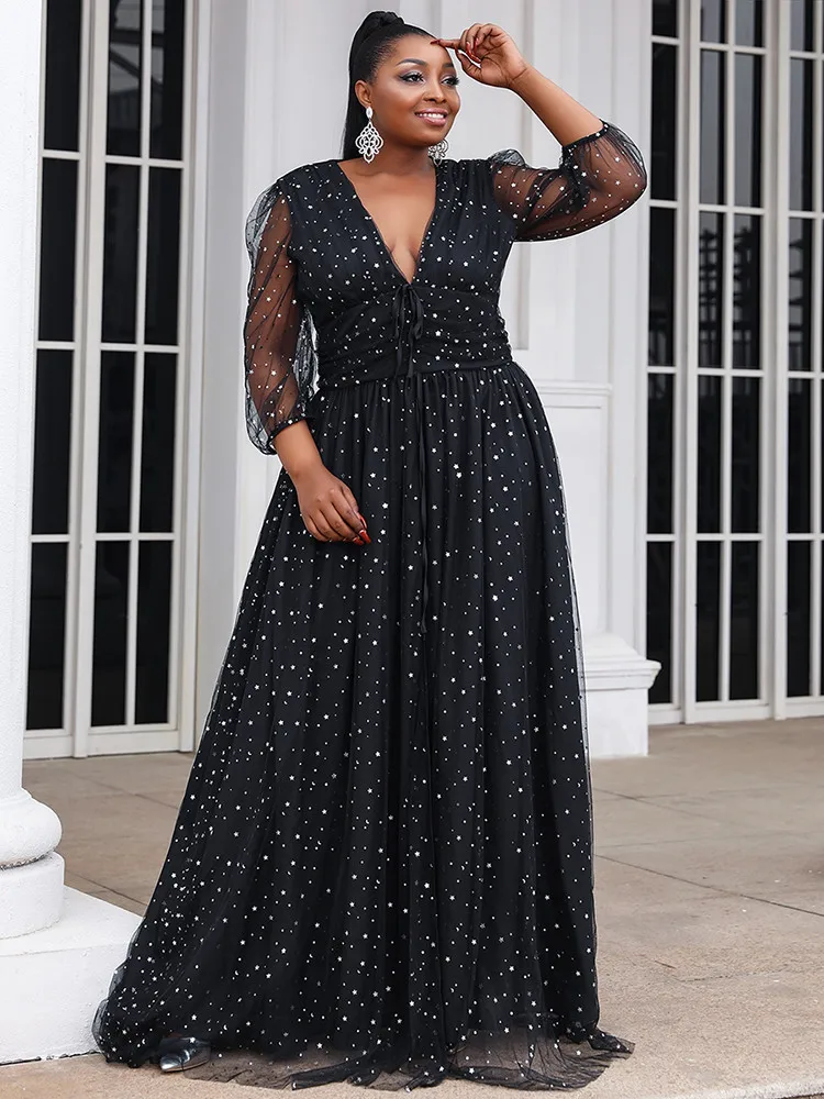 Missord Women Polka Dot Plus Size Dress Summer V Neck Long Sleeves Thigh Split A-line Beach Party Prom Dresses Black Ball Gown