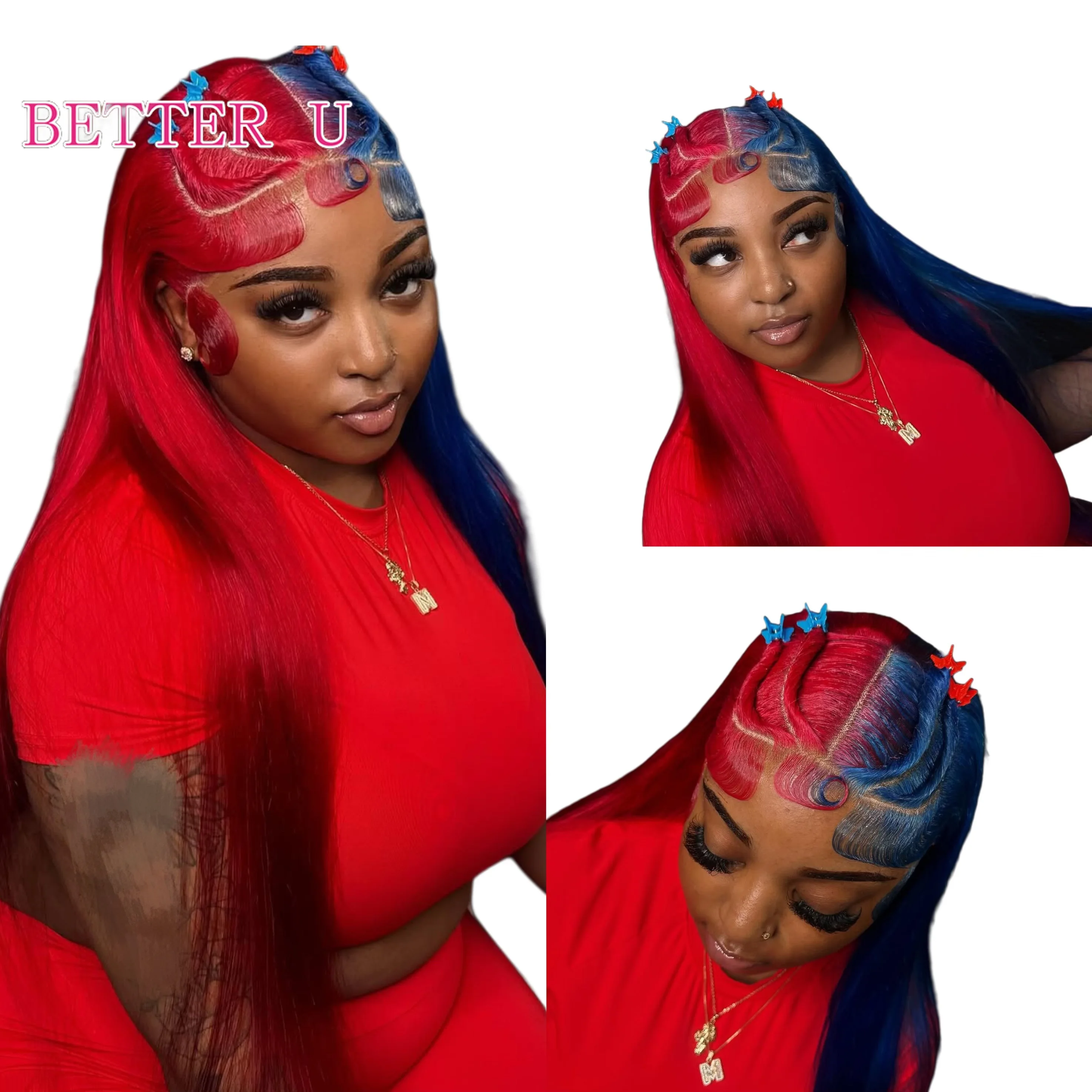 الأحمر مع الأزرق شعر مستعار بشري داكن مستقيم الدانتيل الباروكات الأمامية قبل قطعها البرازيلي نغمتين الملونة 13x4 13x6 الدانتيل شعر مستعار أمامي #1