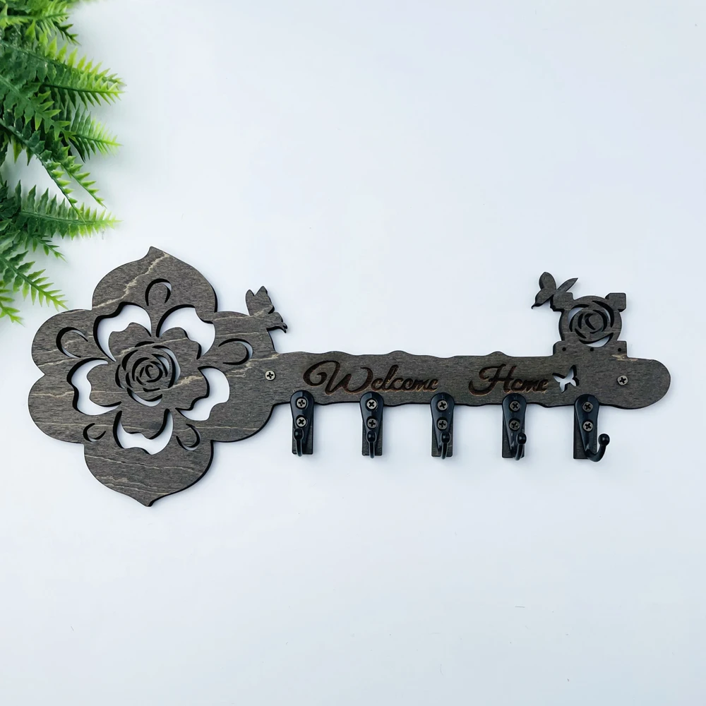 1pc Key Holder Wall Mounted,Wooden Decorative Key Wall Hooks, Black Metal Key Holder For Entryway Doorway Hallway