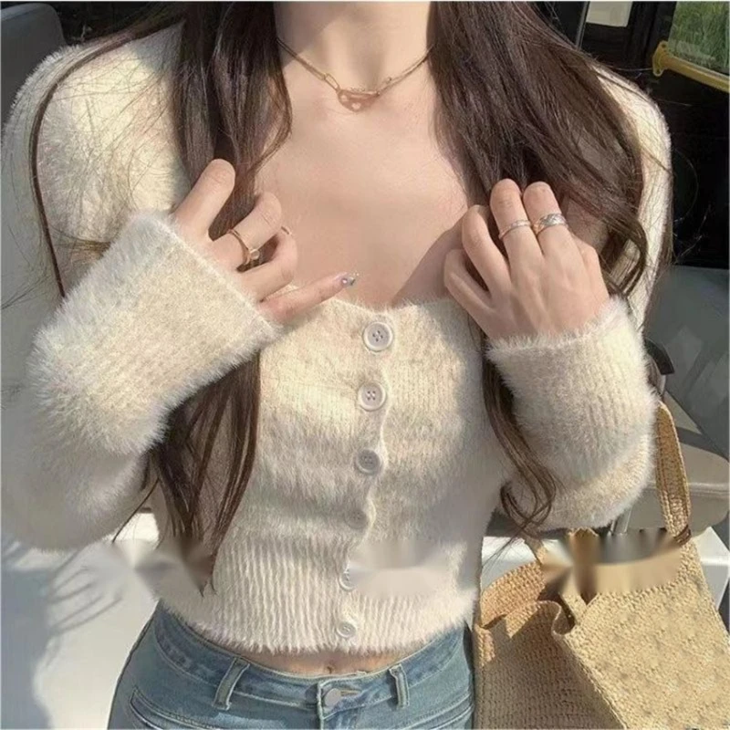 Women Furry Knitted Long Sleeve Cardigan Sexy Square Neck Button Down Solid Color Slim Fit Sweater Lady Casual Knitwear Crop Top