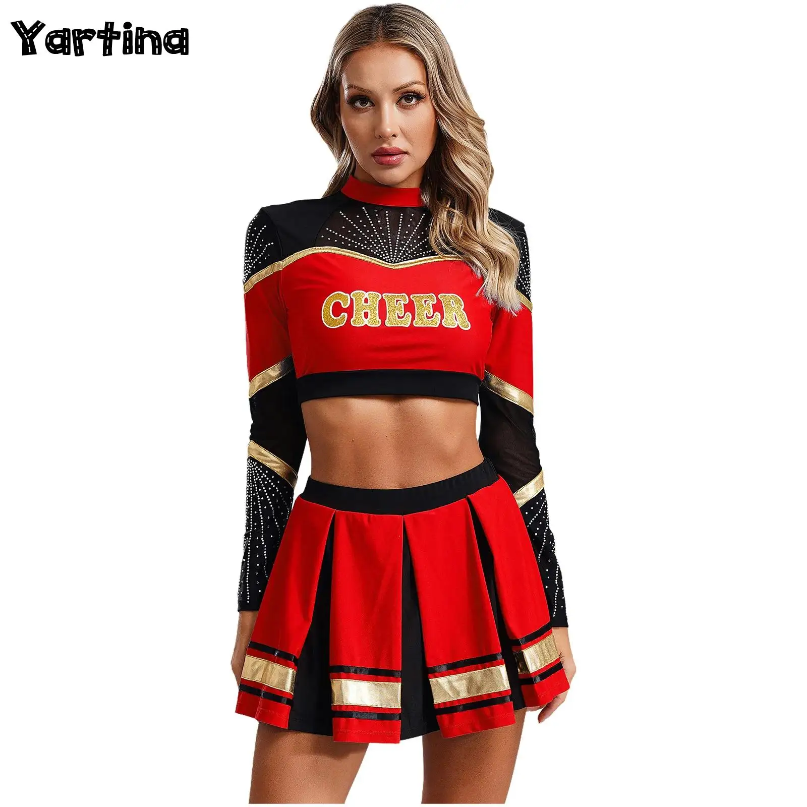 2Pcs Womens Glittery Cheerleading Uniforms School Girls Cheer Dance Outfits Long Sleeve Sequins Crop Top with Pleated Skirt Set