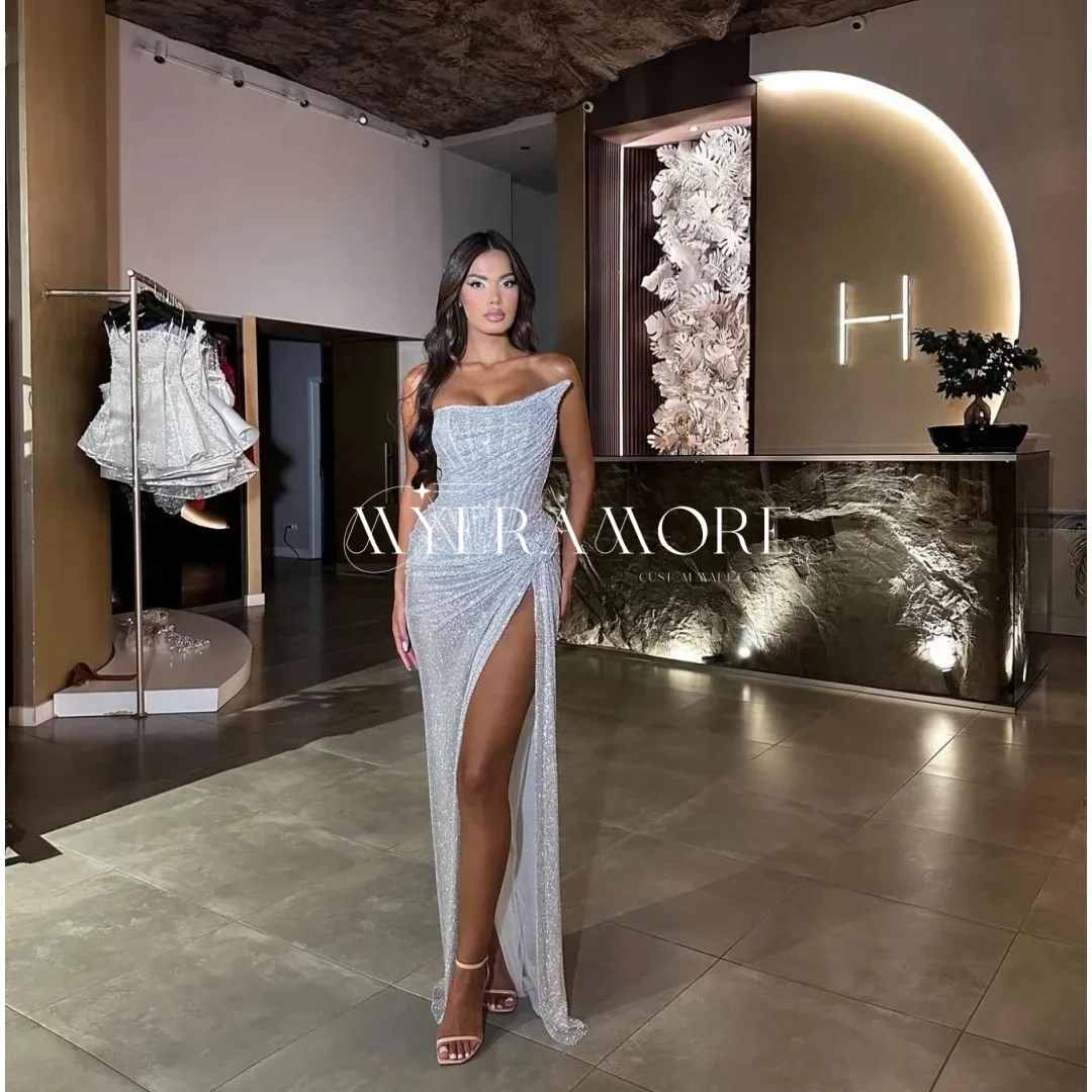 

2025 New Arrival Sequin Evening Dresses for Women Silver Side Slit Strapless Sexy Prom Dress Customized فساتين سهرة