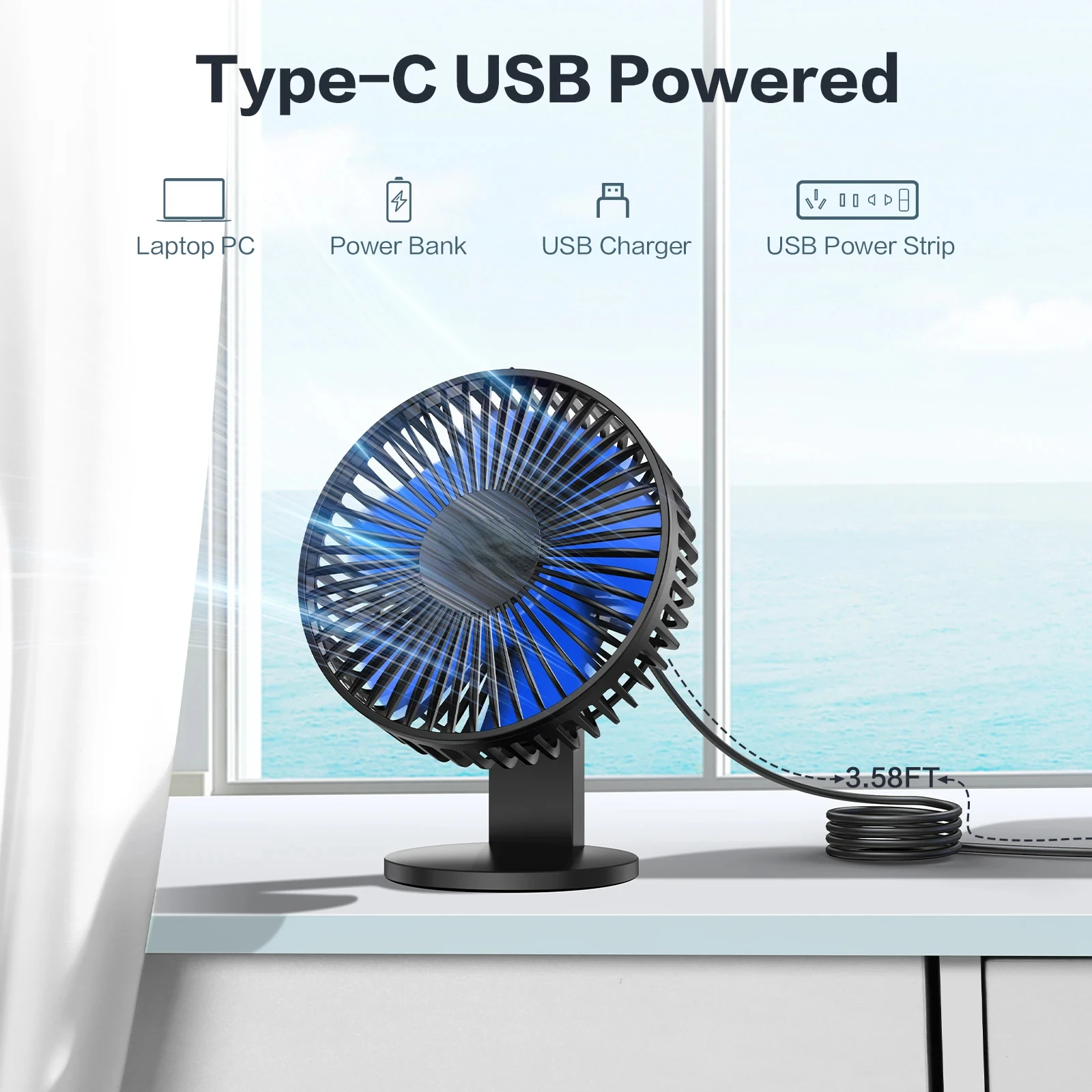 Small Desk Fan, USB Fan with Strong , 4 Speeds Portable Desktop Table Fan, Adjustment Personal Mini Fan, Quiet
