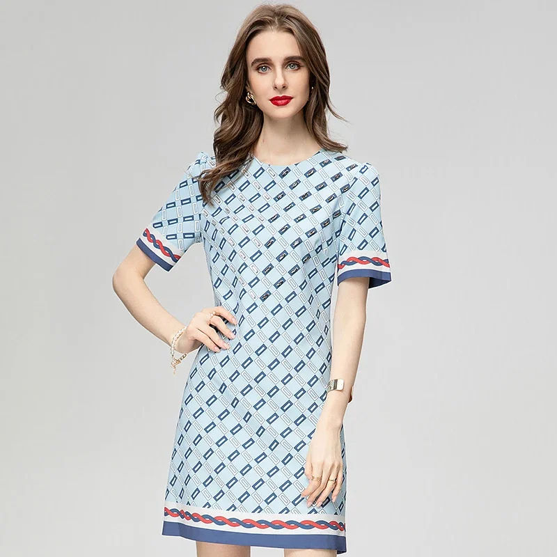 

ZOZO Fashion Runway Dress Summer Women Casual O-Neck Crystal Blue Print Short Sleeve A-Line Mini Dresses