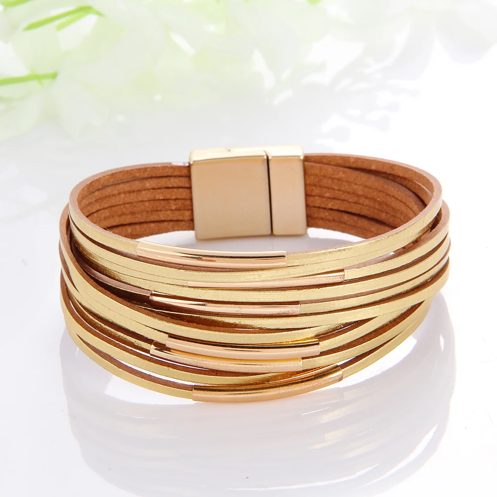 WYBU Multilayer Leather Women\'s Bracelet Metal Copper Tube Leather Wound Magnet Buckle Bracelet Exquisite Color Matching Jewelry