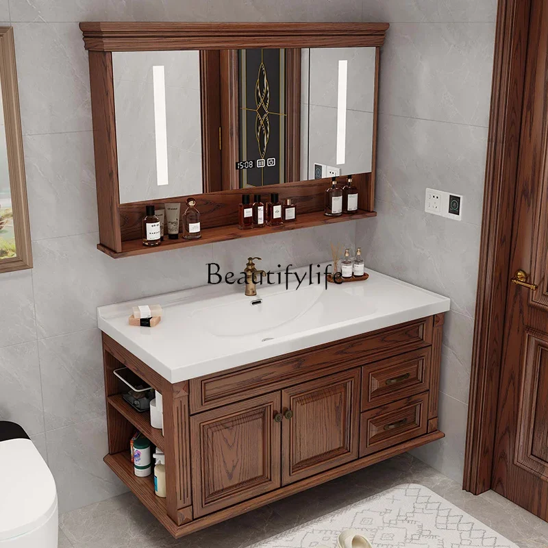 

American Red Oak Integrated Ceramic Basin Bathroom Cabinet Solid Wood Washstand Smart Bathroom Wall Cupboard