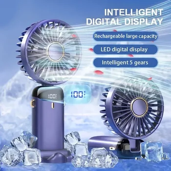 5000mah נייד מאוורר נטענת 90 ° מתקפל 5 מהירות מיני מזגן קטן מאוורר קריר עם תצוגה דיגיטלית הוביל