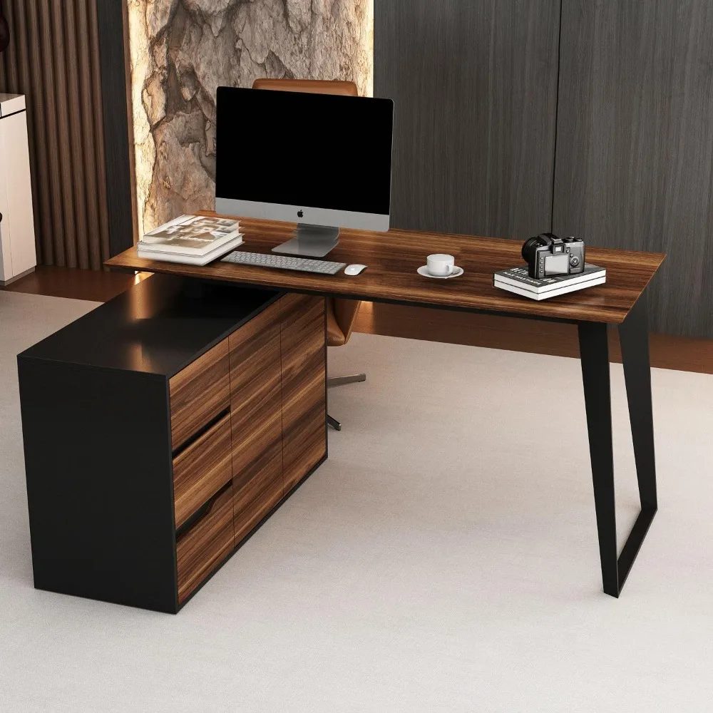 

L-Shaped Corner Desk with Drawers, Office Executive with Storage Cabinet, Computer with Black Metal Leg Frame