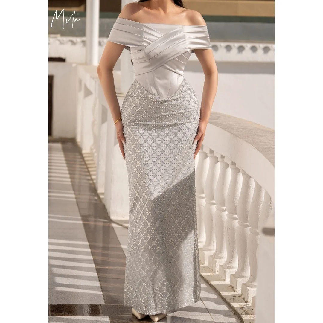 

Mila White Pearls Off The Shoulder Prom Dresses Strapless Backless Customized Formal Evening Floor-Length vestidos de gala 2025