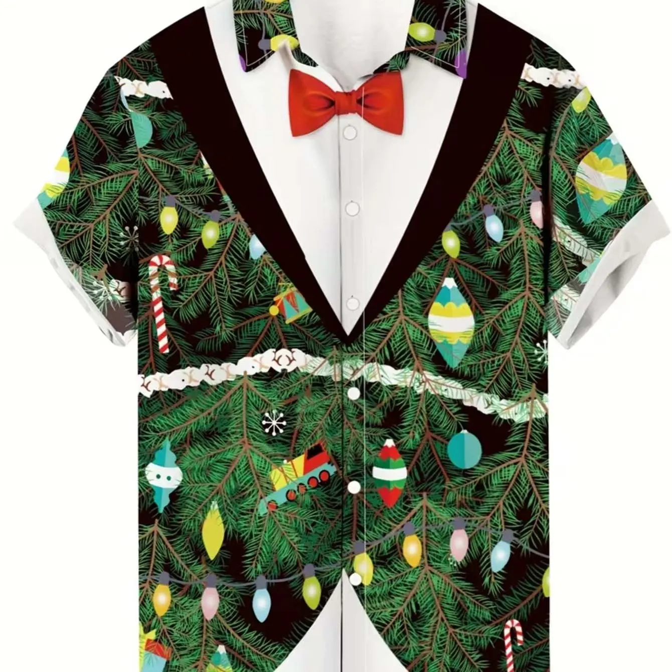 Men's Funny Christmas Fake Bow Tie Digital Printed Short Sleeve Shirt Winter Holiday Party Casual Daily Wear Top Men Clothes