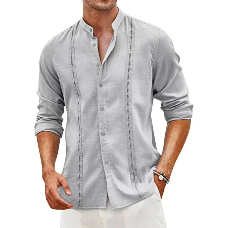 New Men\'s Fashion Cuban Style Casual Trend Button Summer Beach Vacation Cotton Hemp Shirt Looseon Linen Shirt Loose Stand Collar