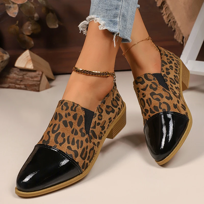 Leopard Printed Women's Low Heel Pumps Fashion Patent Leather Patchwork Dress Shoes for Women Comfy Pointed Toe Slip On Loafers
