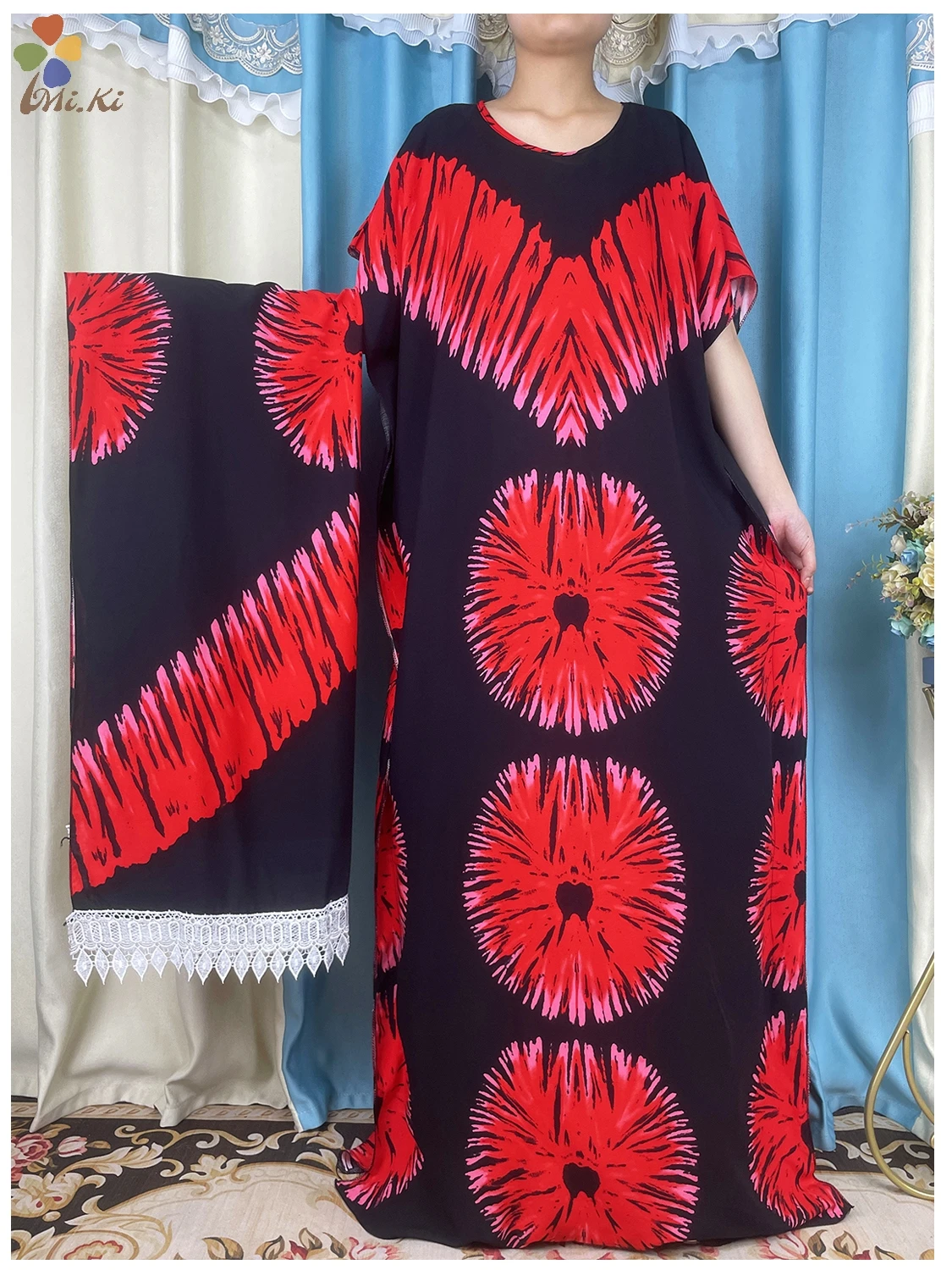 

2024 New African Summer Women Abaya Eid Dress With Big Scarf Short Sleeve Dashiki Dresign Tie Dyed Cotton Loose Islam Clothing