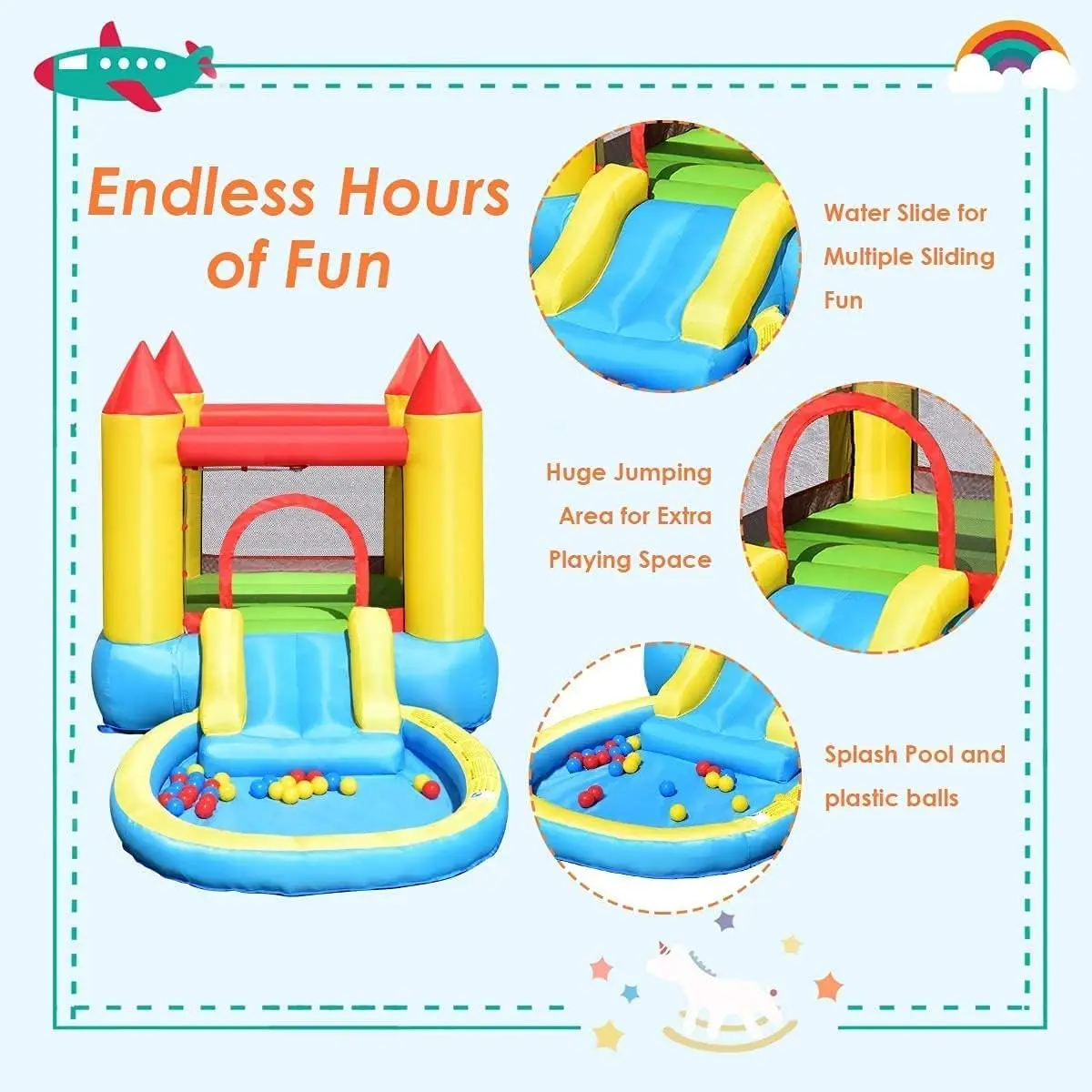 Nadmuchiwana zjeżdżalnia wodna Bounce House z basen z piłkami i basenem typu Splash, dmuchany zamek do skakania dla dzieci na podwórku z dmuchawą 550w,