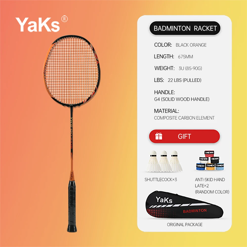 YaKs Official Genuine Composite Carbon 3U Badminton Racquet 22 Pounds G4 Solid Wood Handle Badminton Racquet Free Gifts