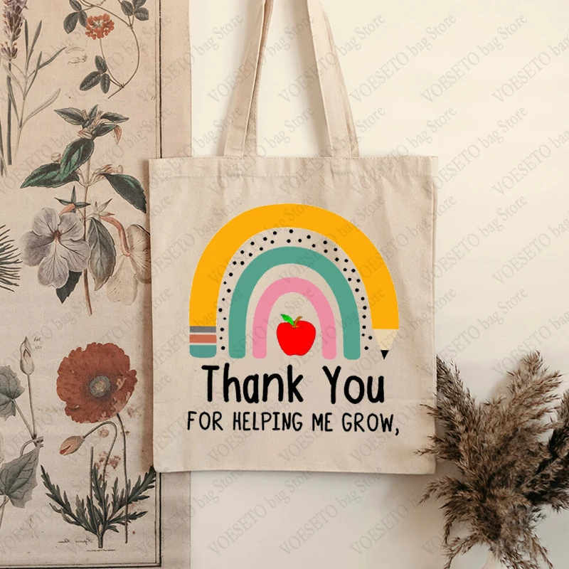 Thank You Helping Me Grow Rainbow Pattern Shopping Bag Canvas Shoulder Bag Reusable Foldable Storage Tote Bag Gift for Teacher