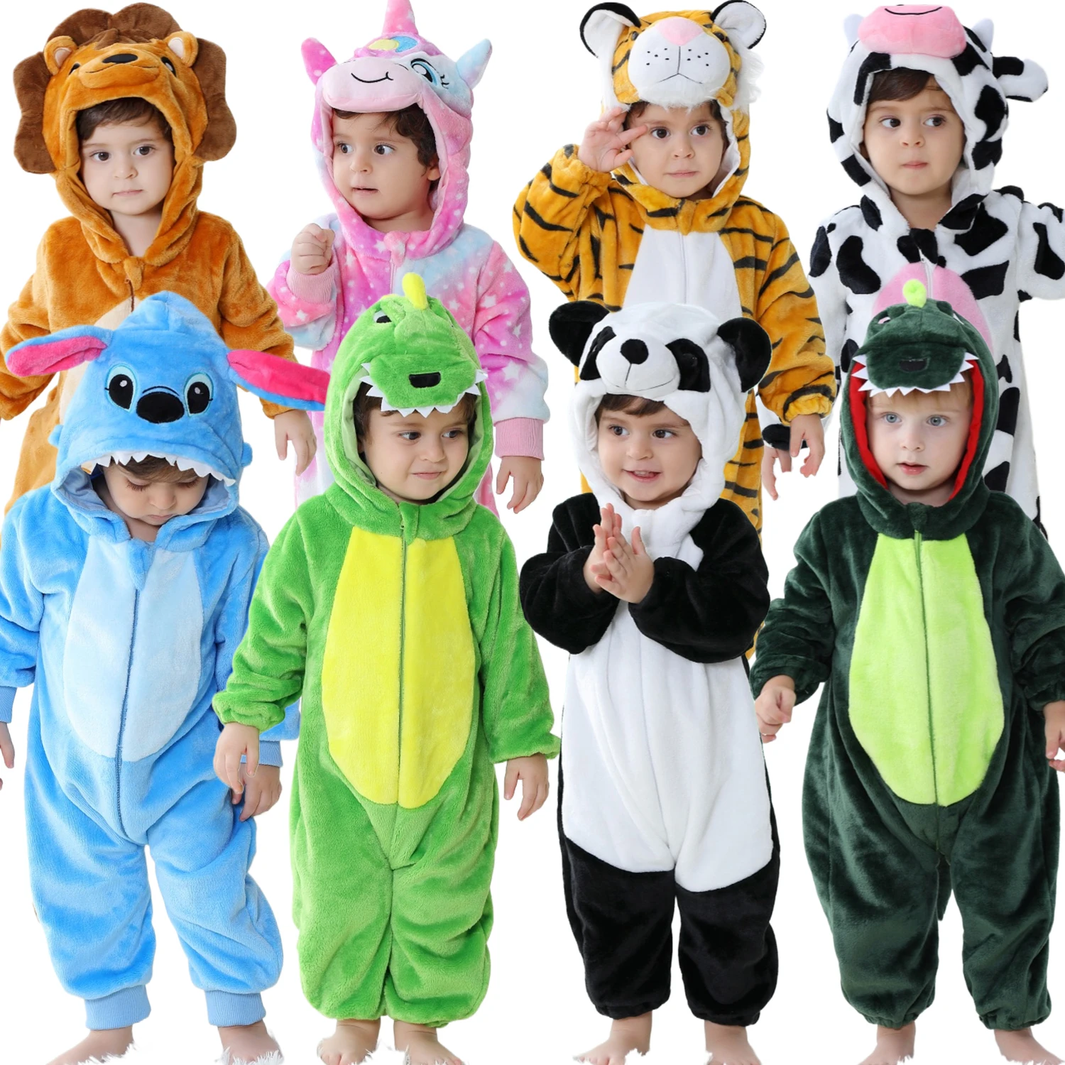 Newborn Baby Girls Boys Cute Stitch Dinosaur Rabbit Panda Animal Cartoon Flannel Long Sleeve Rompers Pajamas Toddler Jumpsuits