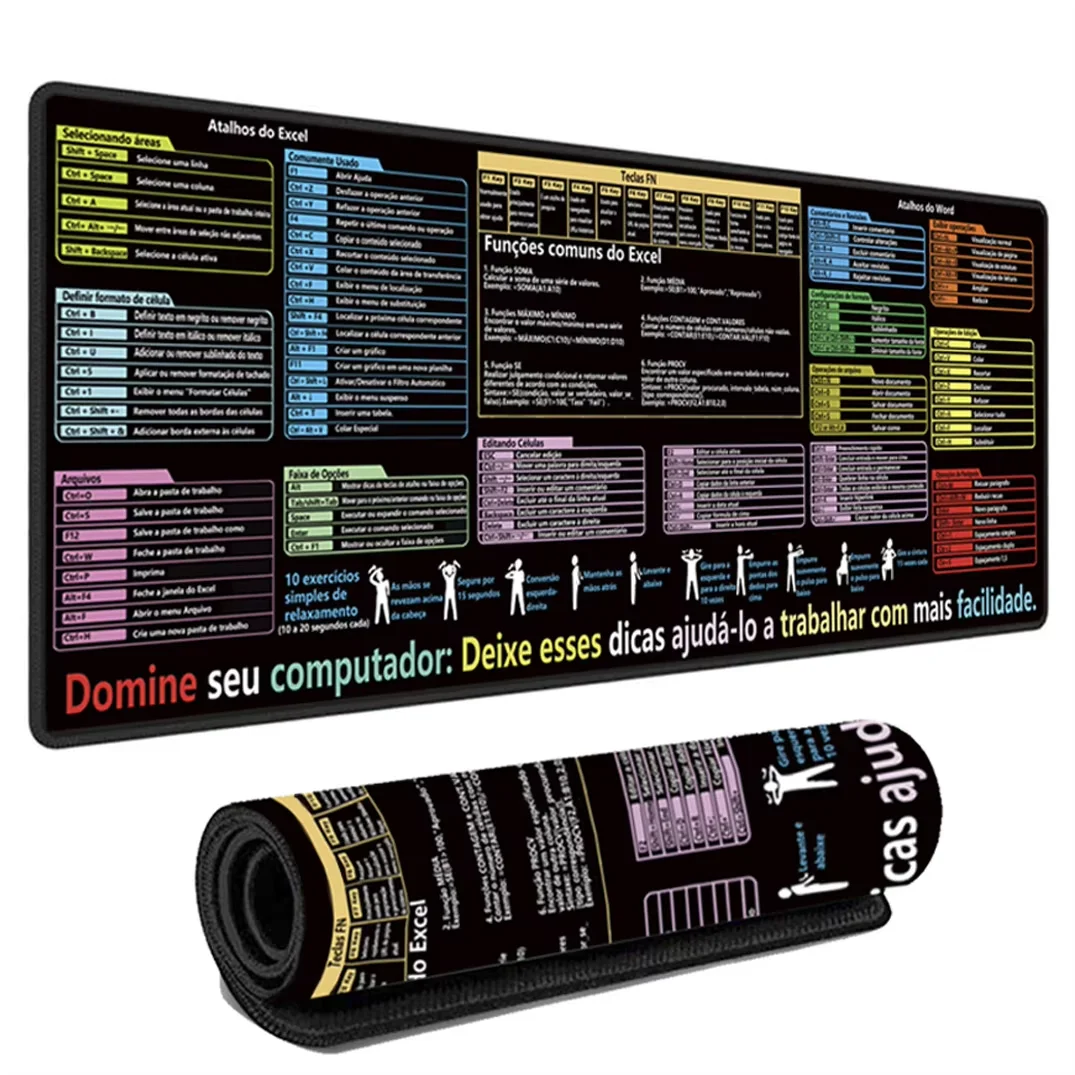 Portuguese Português Excel Shortcuts Keys Cheat Sheet Mouse Pad Pc Desk Mat Mousepad Gaming Office Study Waterproof Laptop Pad