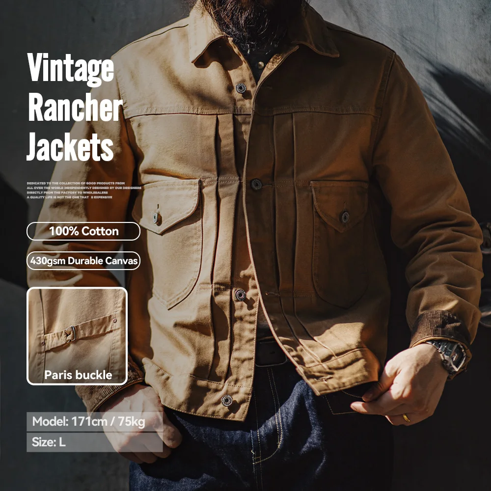 

Maden винтажная тяжелая канвасовая куртка для ранчо с отложным воротником и кнопками Париж на спине джинсовая верхняя одежда для мужчин осень с несколькими карманами классическая короткая куртка