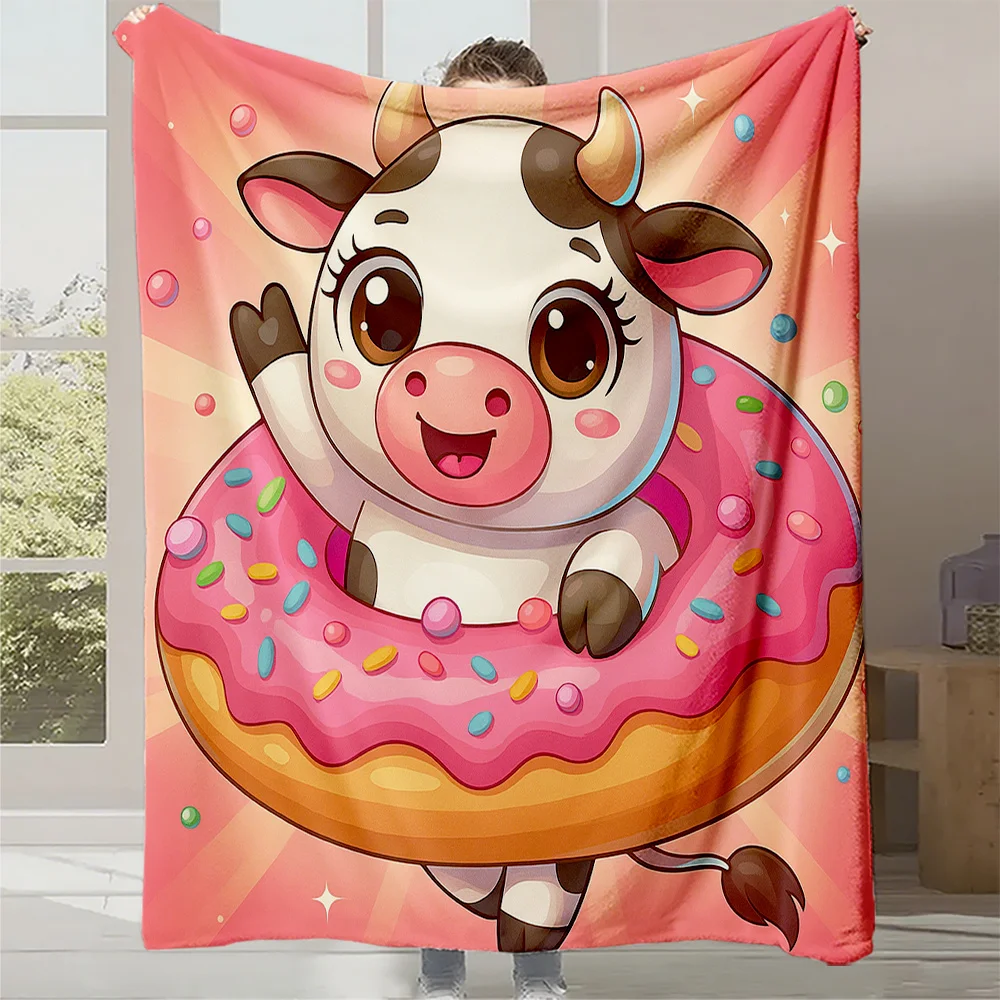 

1pc Cute Cow & Donut Plush Fleece Blanket - Pink & White with Brown & Black Cow Print, Soft Quilted Bedspread for /s, All-Season