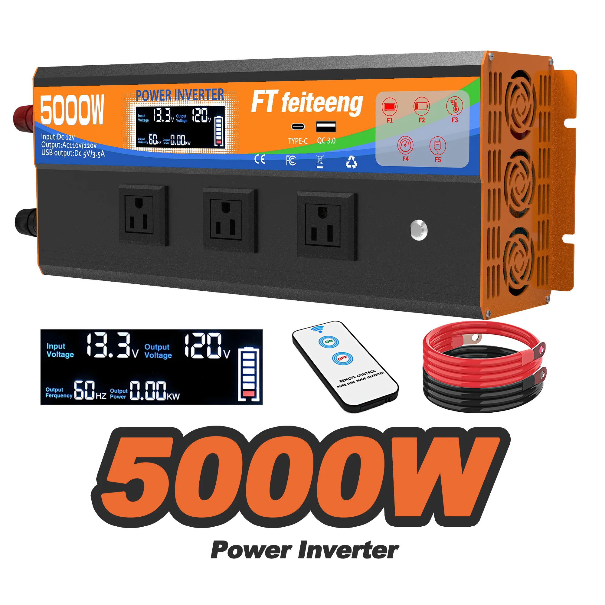 4000W 5000W Power Inverter 12V to 110V with LCD, 3 AC Outlets & USB-C QC3.0 - for RV, Camping & Solar