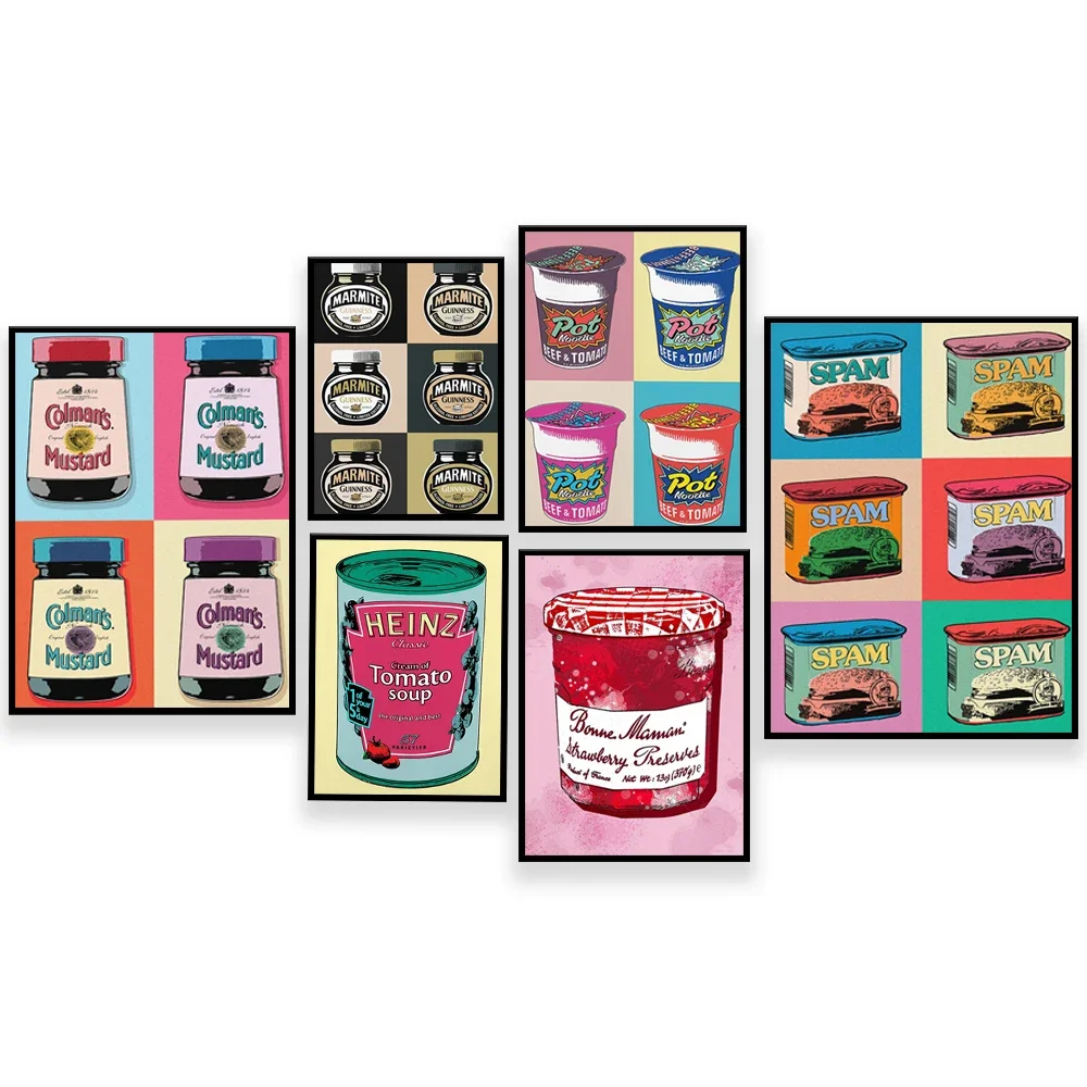 Warhol Herman prints, golden syrup, mustard, mayonnaise, baked beans, tomato soup, Branston pickles, Warhol Herman UK pop poster