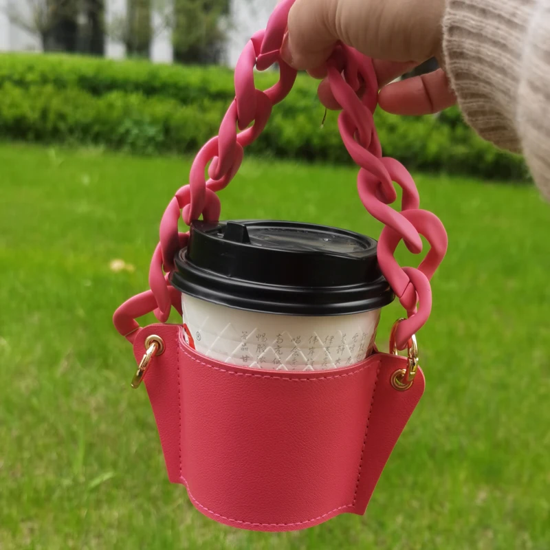 Reusable Leather Cup Coffee Sleeve with Chain Hot Coffee Iced Coffee Sleeve Leather Drink Carrier For Coffee Drinks Coffee Purse