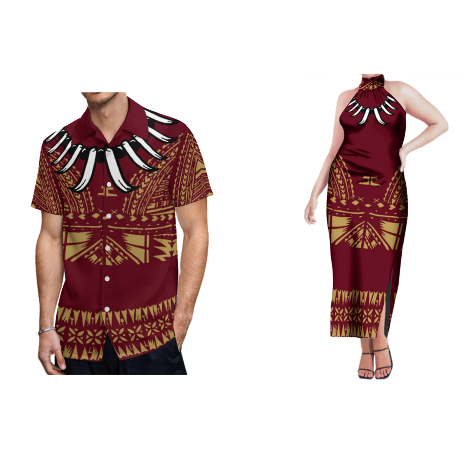 

2023 New Arrivals Polynesian Tribal Tapa Pattern Print Samoa Puletasi Ptaha Casual Dress Halter Dress Match Mens Shirt