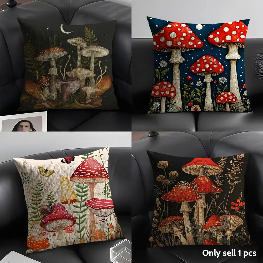 Mushroom Illustrations Cushion Cover Natural Linen Organic Fabric Double-Sided Printing Sofa Home Decor Gift Pillow Case